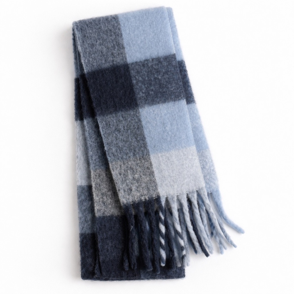 NWT Primark Soft Plaid Wool Blend Fringe Scarf Cozy Winter Gift Blue Gray O/S